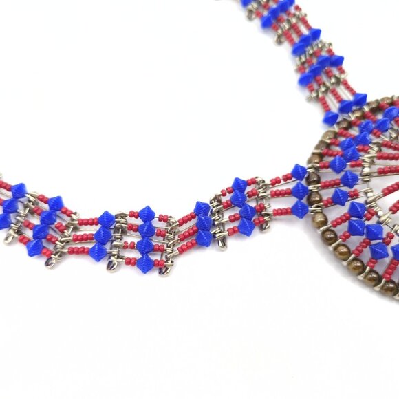 VTG Handmade Native Squash Blossom‎ Crescent Moon Necklace Blue Red Safety Pins - Picture 2 of 9